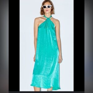 Zara limited edition celeb style Turquoise Satin Midi Dress
